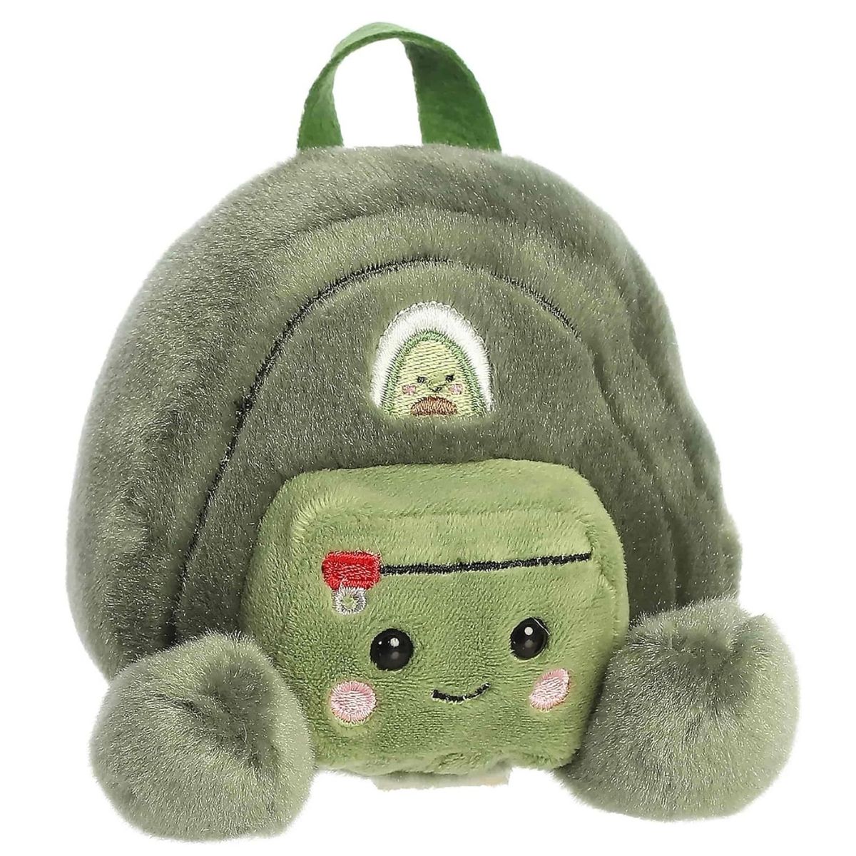 Front view of the Aurora Palm Pals Rainier Backpack stuffed toy featuring an olive green body, a smiling front pocket, and a top handle.