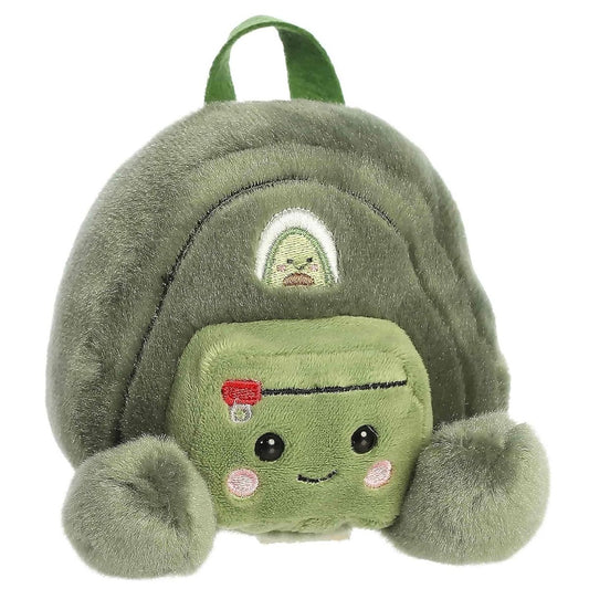 Front view of the Aurora Palm Pals Rainier Backpack stuffed toy featuring an olive green body, a smiling front pocket, and a top handle.