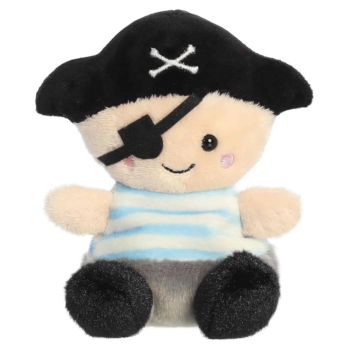 Straight-on perspective of the pirate plush highlighting his smiling face, rosy cheeks, and black boots.