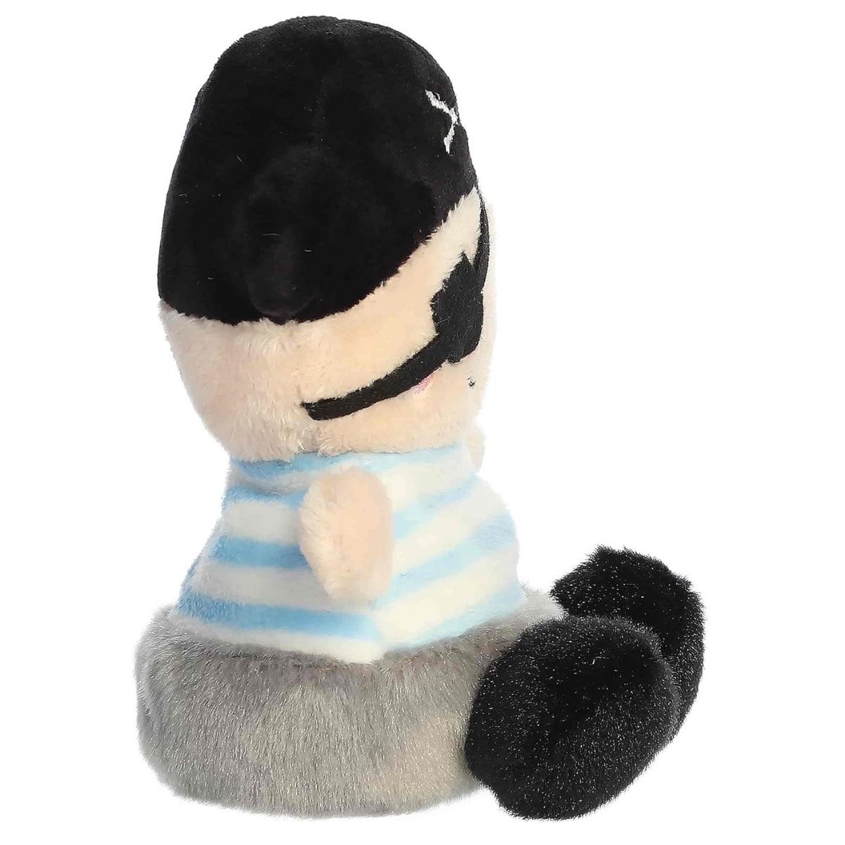 Side angle of the Planky toy showing his rounded posture and the side of his black tricorn hat.