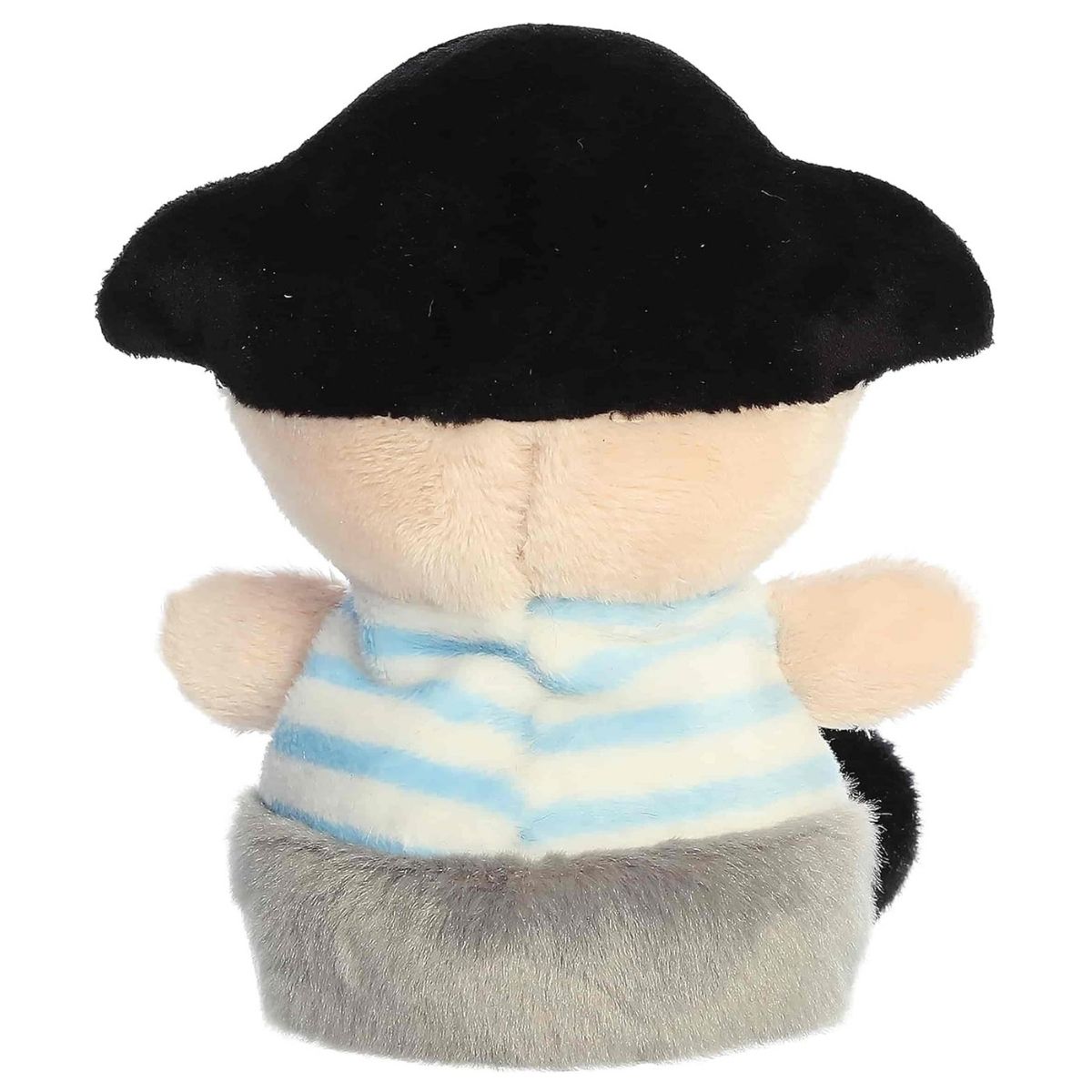 Rear view of the pirate plush emphasizing his blue and white striped shirt and grey trousers.