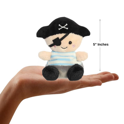 A human hand holding the five-inch Planky The Pirate plush, demonstrating its compact, palm-sized proportions.