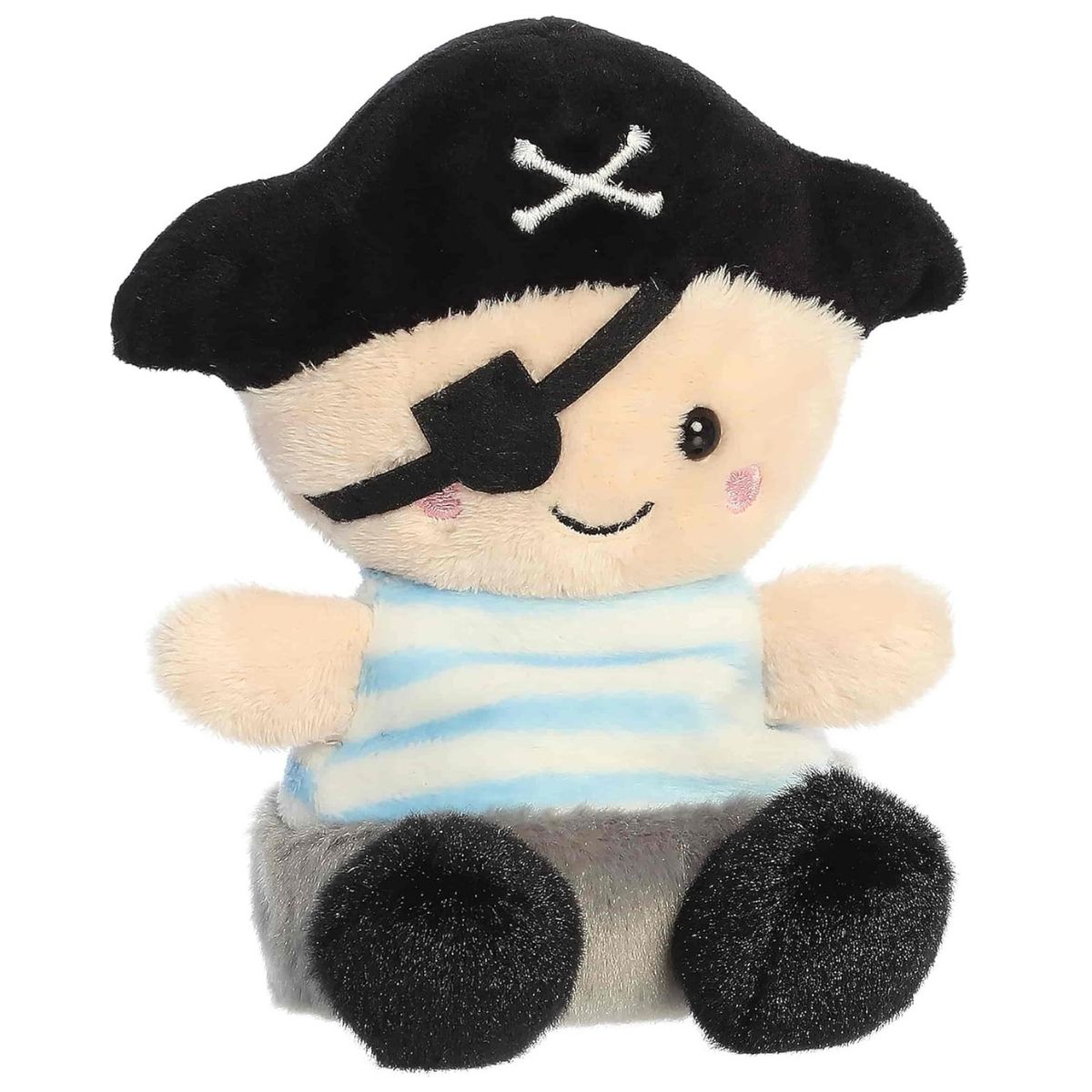 Front view of the Aurora Palm Pals Planky The Pirate stuffed toy wearing a black hat with crossbones, an eyepatch, and a striped shirt.