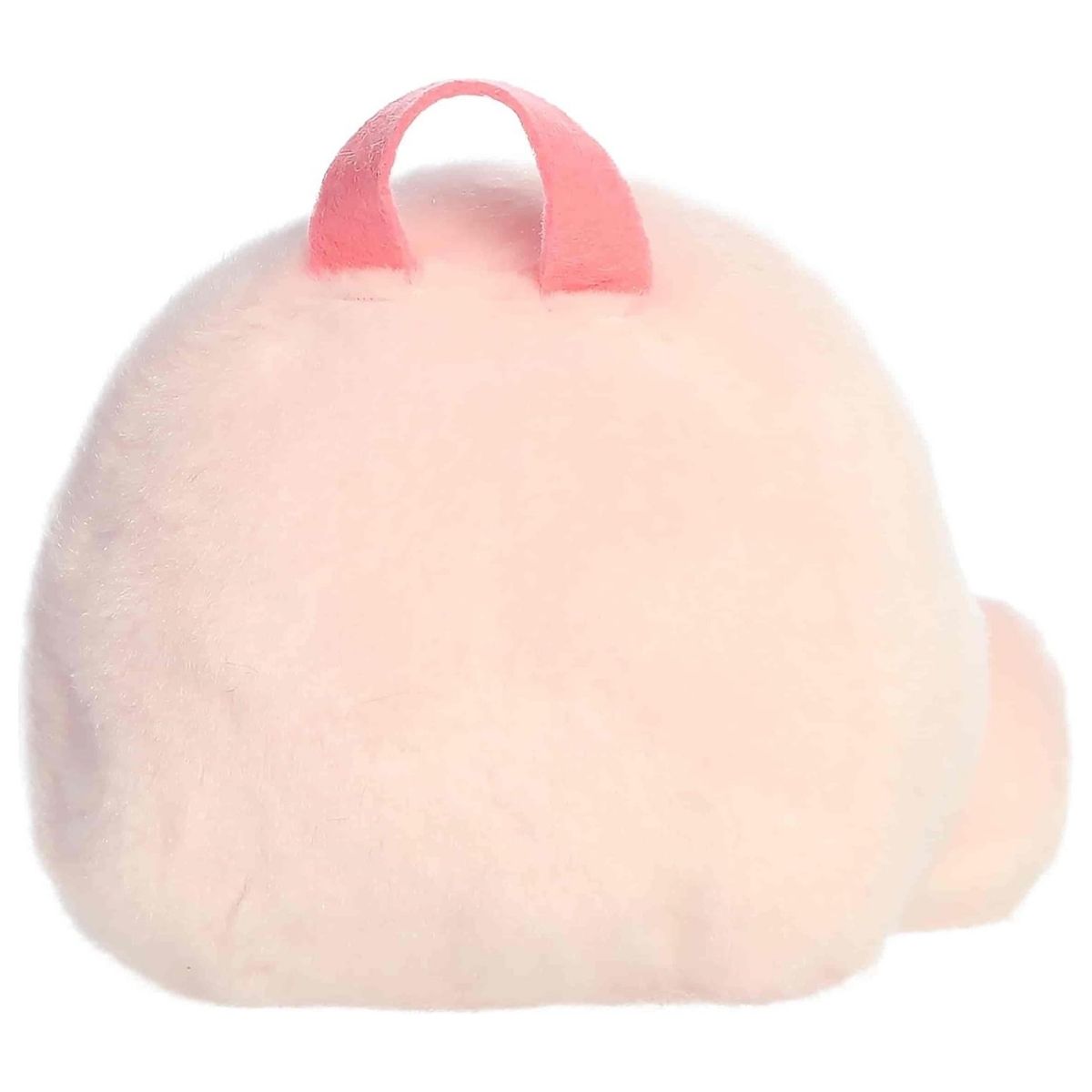 Rear view of the light pink plush backpack emphasizing its smooth, fluffy fabric.