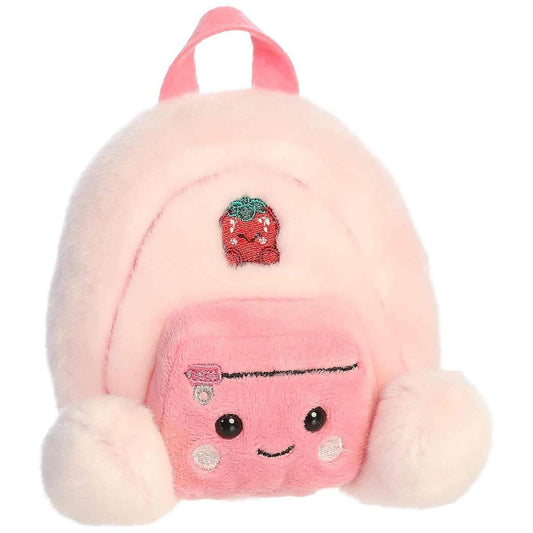 Front view of the Aurora Palm Pals Francisca Backpack stuffed toy featuring a blush pink body, a darker pink smiling pocket, and a strawberry patch.