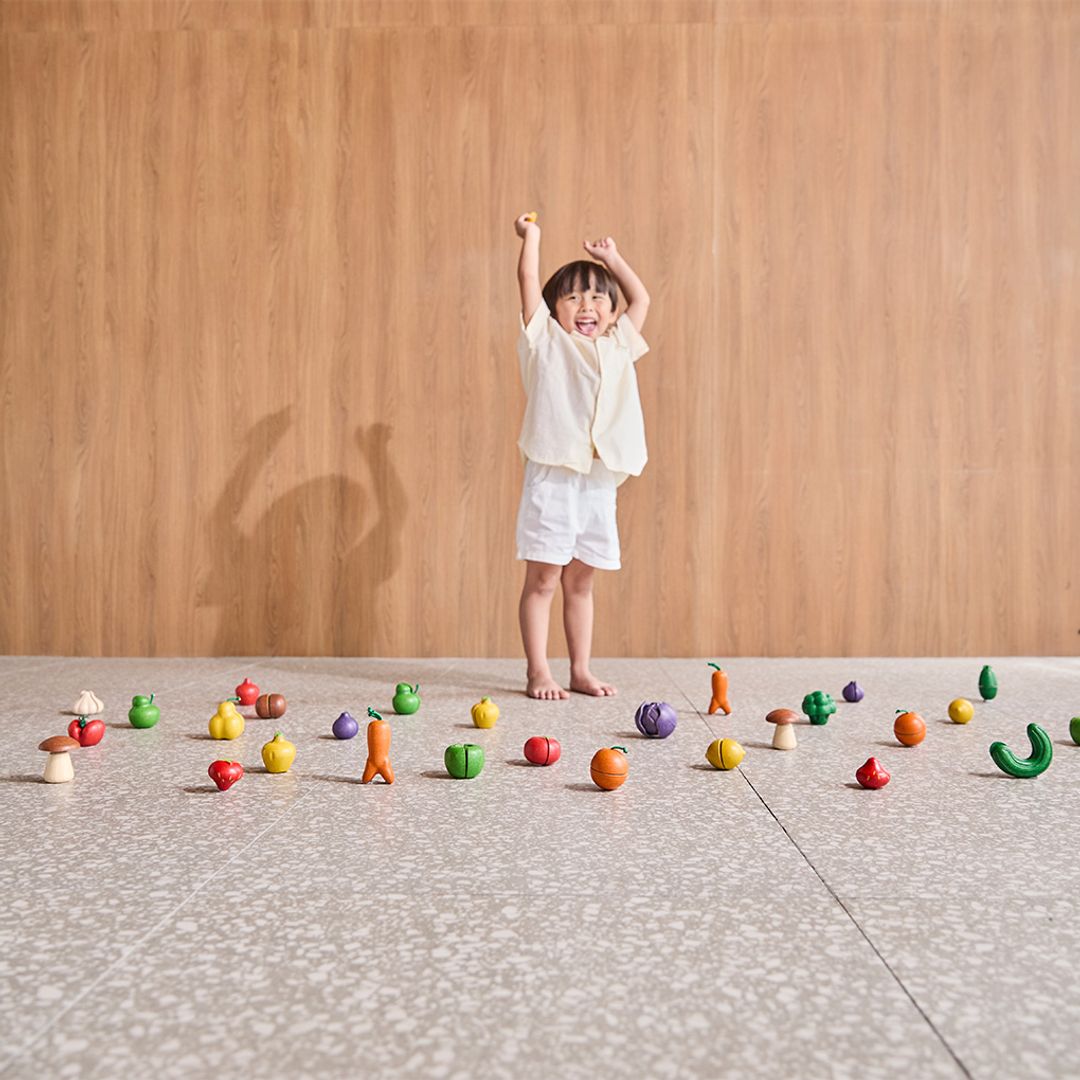 PlanToys® Wonky 5 Sliceable Fruit & Vegetables with Wooden Knife