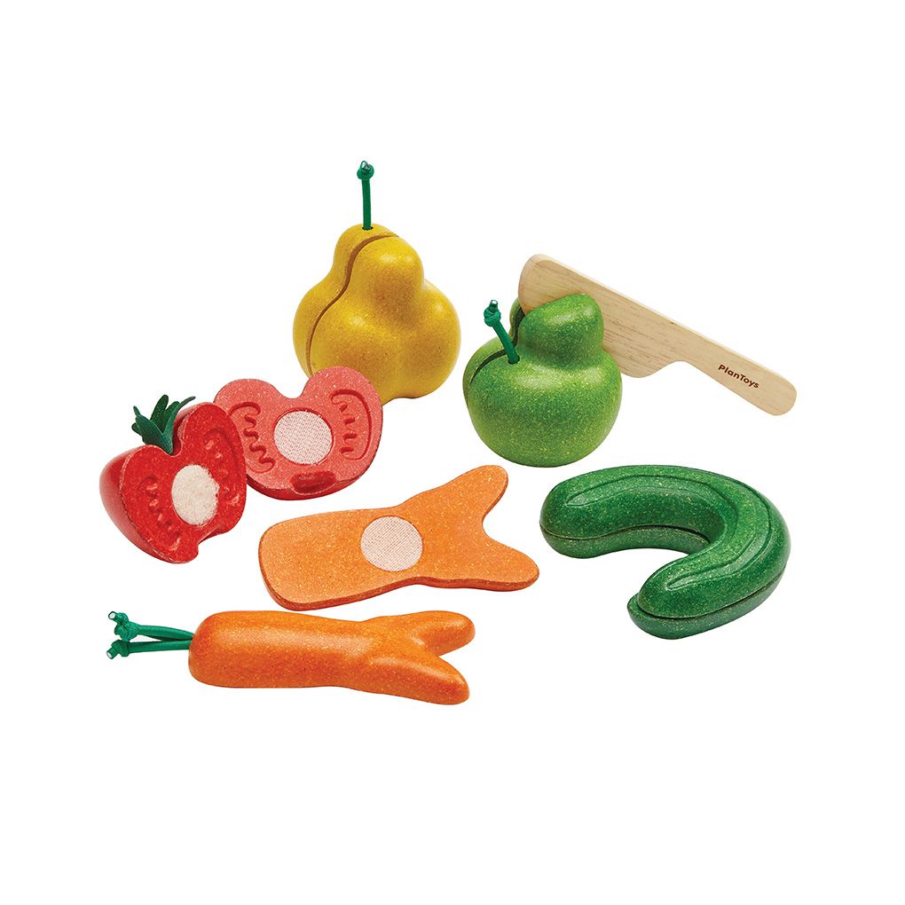 PlanToys® Wonky 5 Sliceable Fruit & Vegetables with Wooden Knife