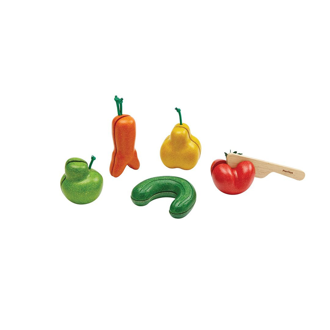 PlanToys® Wonky 5 Sliceable Fruit & Vegetables with Wooden Knife