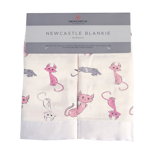 Packaged baby security blanket with a pattern of playful kittens on it, branded by NEWCASTLE CLASSICS BAMBOO MUSLIN.