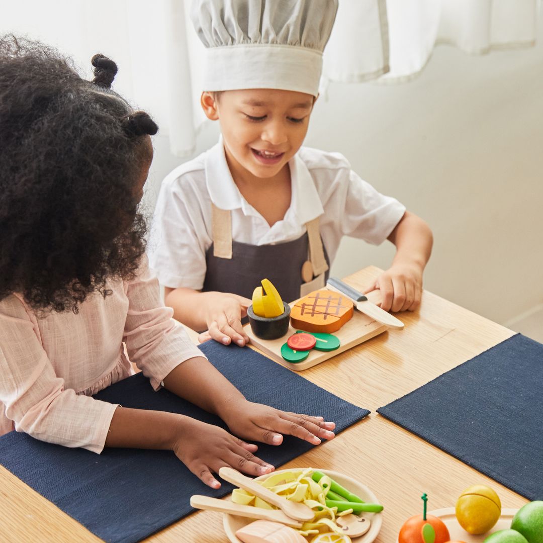 PlanToys® Wooden Steak, Vegetables, Knife & Tray Set