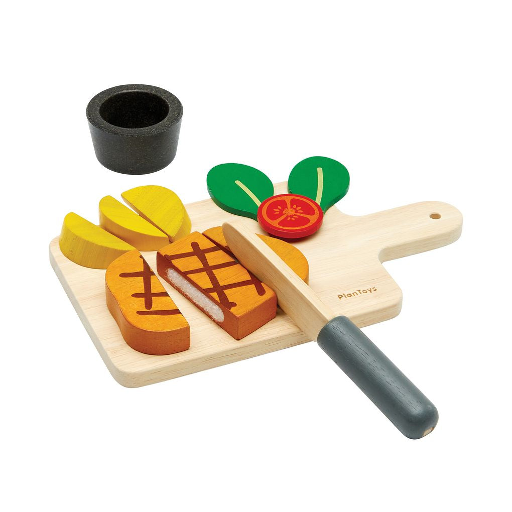 PlanToys® Wooden Steak, Vegetables, Knife & Tray Set