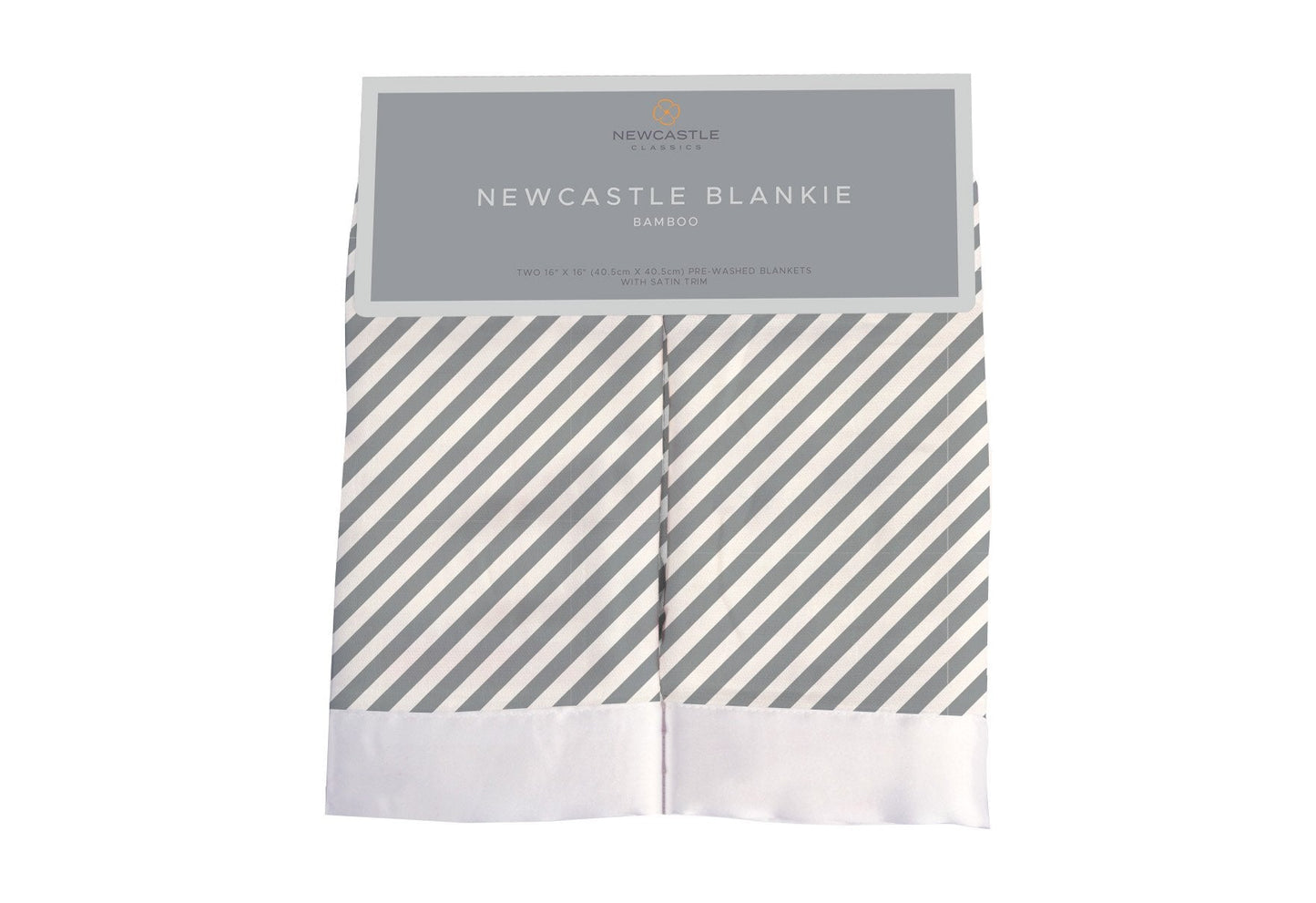Packaging for Newcastle Classics Finley Stripe Bamboo Blankie set featuring grey and white diagonal stripes with satin trim.