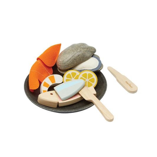 PlanToys® 7 Piece Wooden Seafood  Platter Includes Wooden Knife