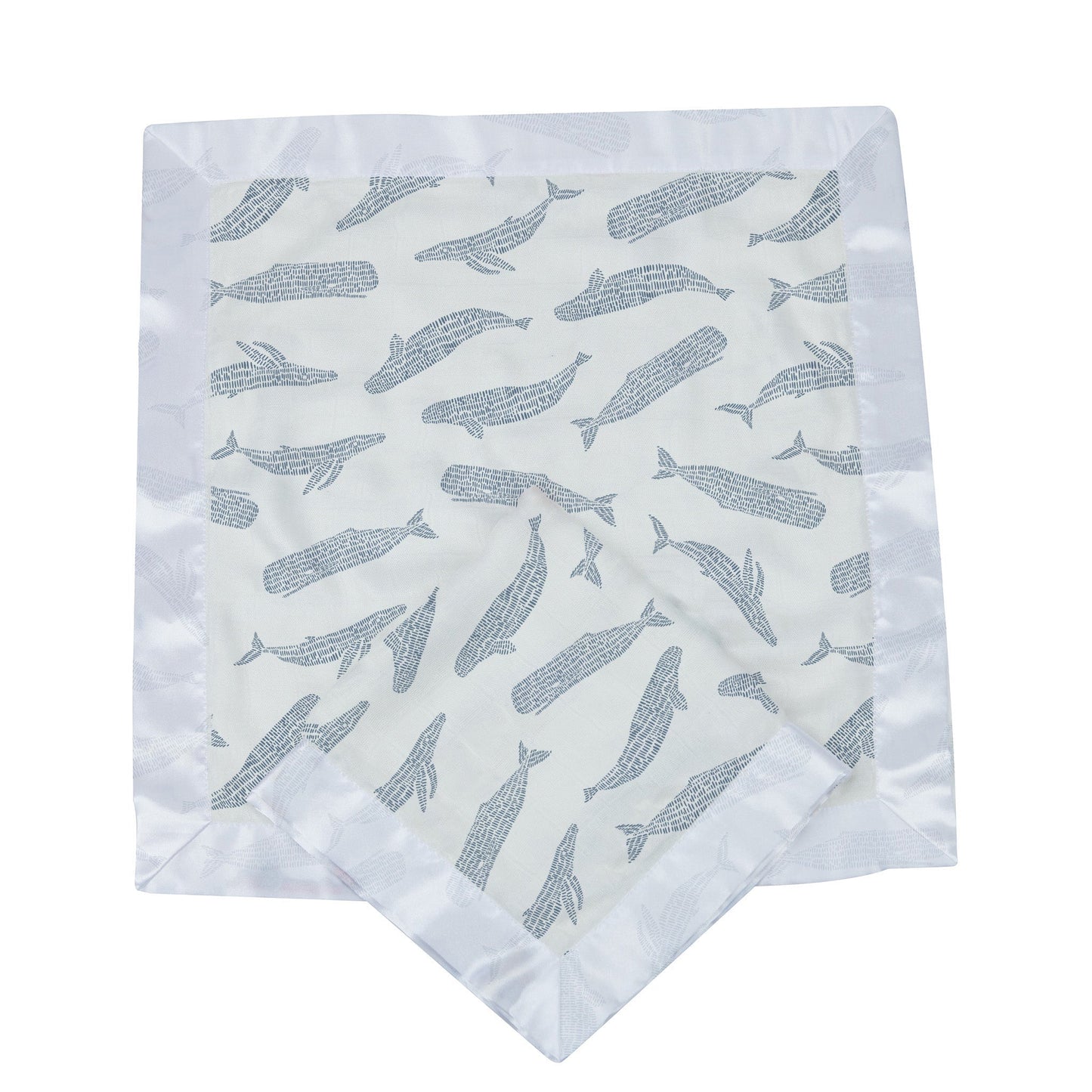 A single Blue Shadow Whales bamboo security blanket folded to show the whale print and white satin border.