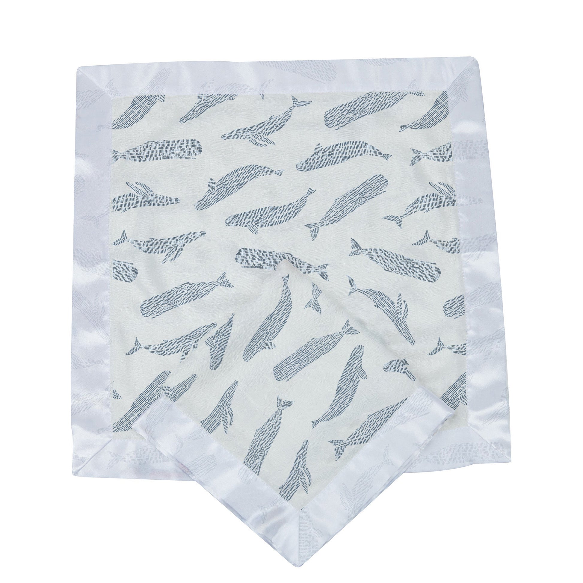 A single Blue Shadow Whales bamboo security blanket folded to show the whale print and white satin border.