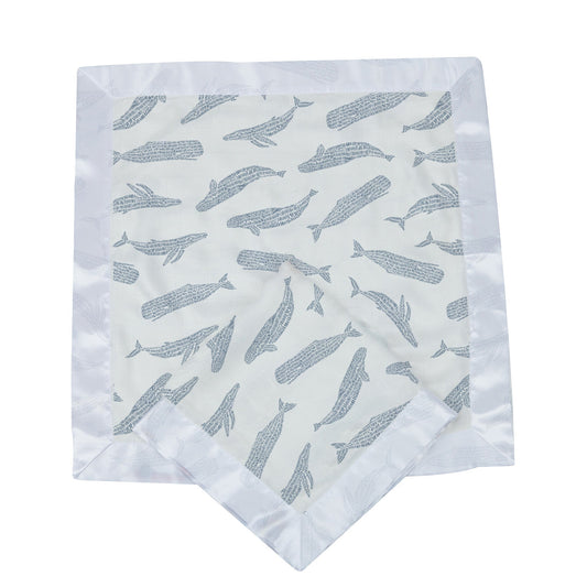 A single Blue Shadow Whales bamboo security blanket folded to show the whale print and white satin border.