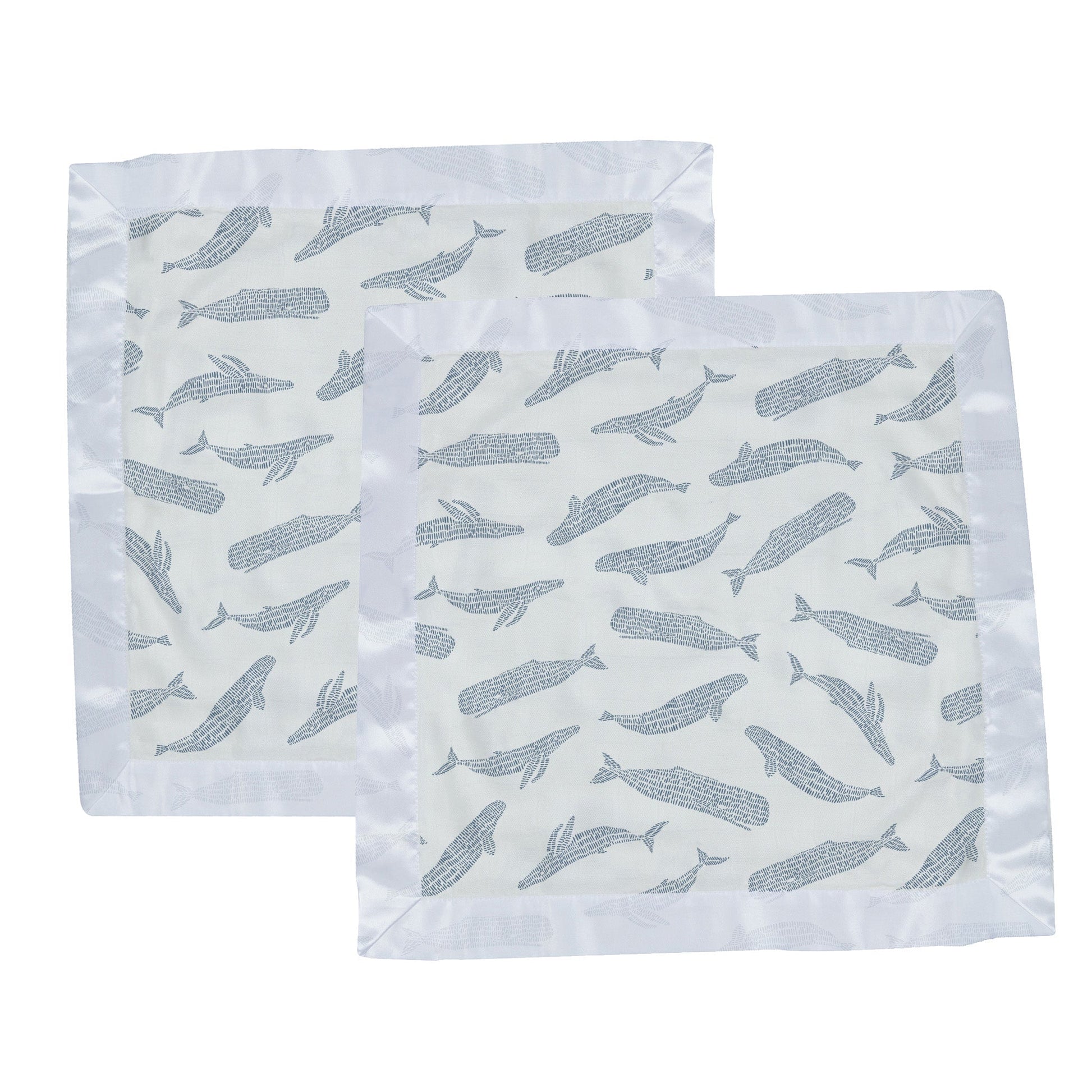 Two identical Newcastle Classics whale print bamboo lovey blankets laid out side-by-side.