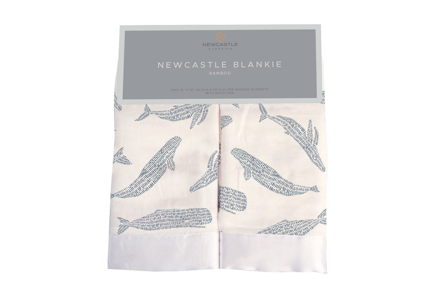 Packaging for Newcastle Classics Bamboo Blankie two-pack in Blue Shadow Whales print with satin trim.