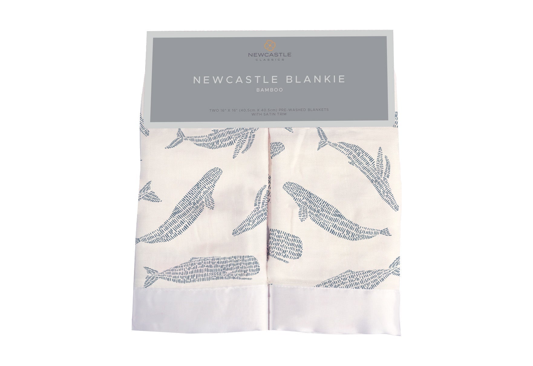 Packaging for Newcastle Classics Bamboo Blankie two-pack in Blue Shadow Whales print with satin trim.