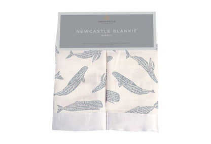 Packaging for Newcastle Classics Bamboo Blankie two-pack in Blue Shadow Whales print with satin trim.