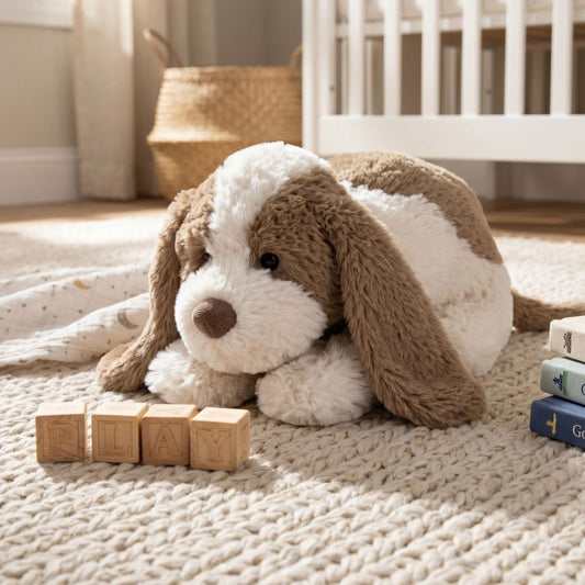 Happy Horse Dog David plush toy resting on a textured cream rug next to wooden building blocks in a cozy nursery.
