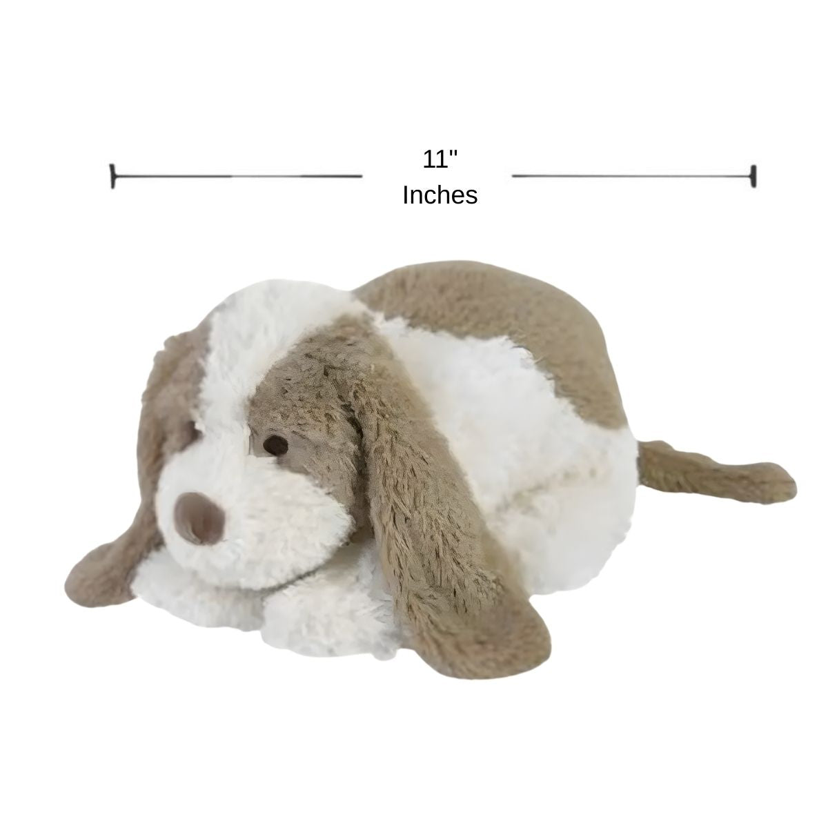 Happy Horse Dog David plush puppy in a lying down pose with an 11-inch length indicator graphic above it.