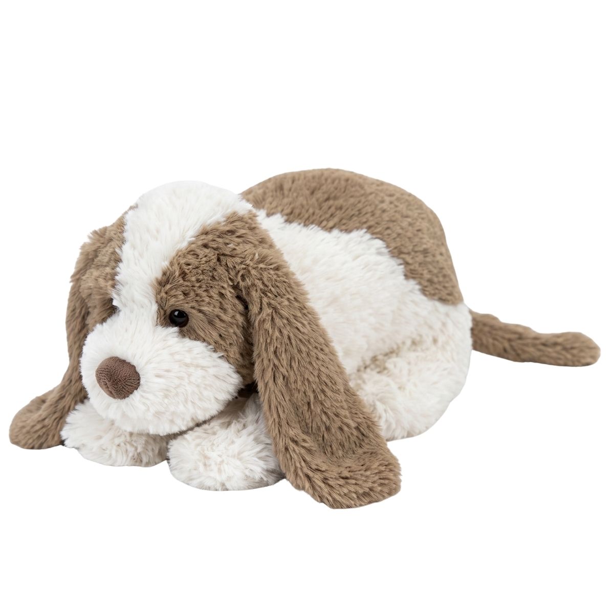 Happy Horse Dog David No. 2 brown and white plush stuffed puppy lying down against a white background.