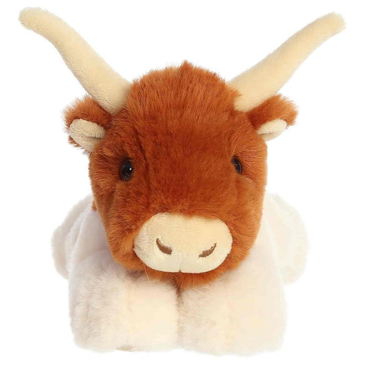 Front face view of the adorable Aurora Buck Longhorn Cow stuffed animal resting on its front hooves, featuring sweet dark eyes, a brown head, and a soft tan snout.