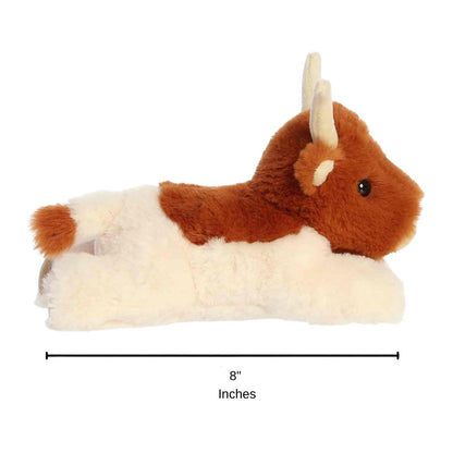 Sizing graphic for the Aurora Flopsie Buck Longhorn Cow plush showing its full lounging side profile, indicating a total length of 8 inches.