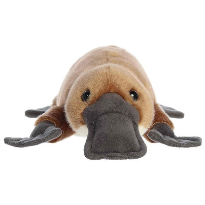 Close-up front view of the Aurora Bindi Platypus plush puppy showing its dark grey duck bill and webbed front paws.