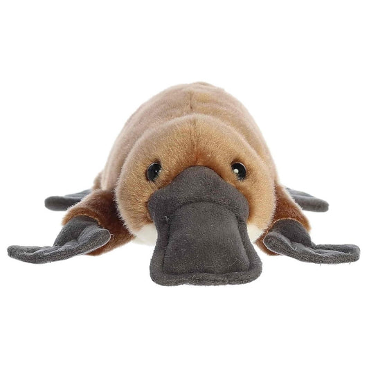 Front face view of the adorable Aurora Bindi Platypus stuffed animal resting on its front webbed feet, featuring sweet dark eyes and a prominent dark bill.