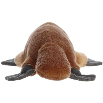 The back view of the Aurora brown platypus plush toy displaying its wide, flat beaver-style tail.