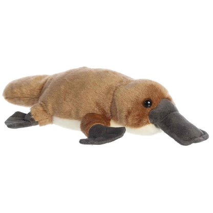 Aurora Mini Flopsie Bindi 8-inch Platypus plush stuffed animal laying down in a three-quarter profile view against a white background.