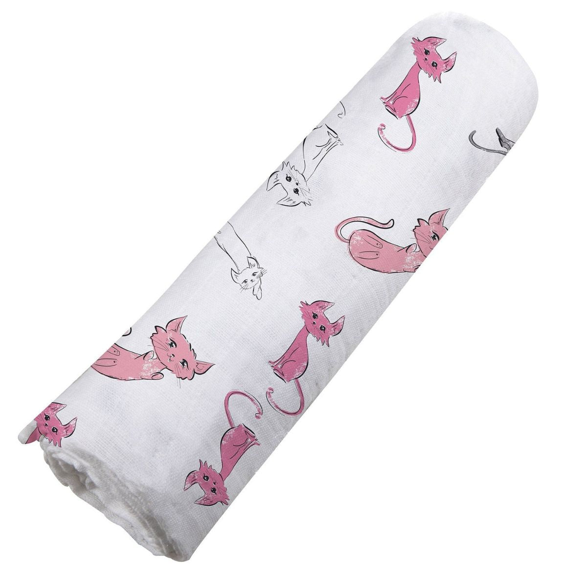 Angled view of the pink and grey Playful Kitty cat print bamboo muslin swaddle blanket neatly rolled up.