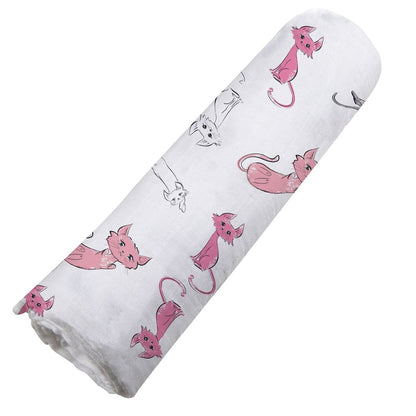 Angled view of the pink and grey Playful Kitty cat print bamboo muslin swaddle blanket neatly rolled up.