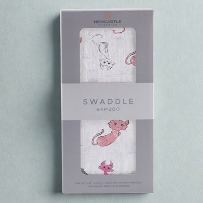 Straight front view of the packaged Playful Kitty baby swaddle blanket inside a grey Newcastle Classics box.