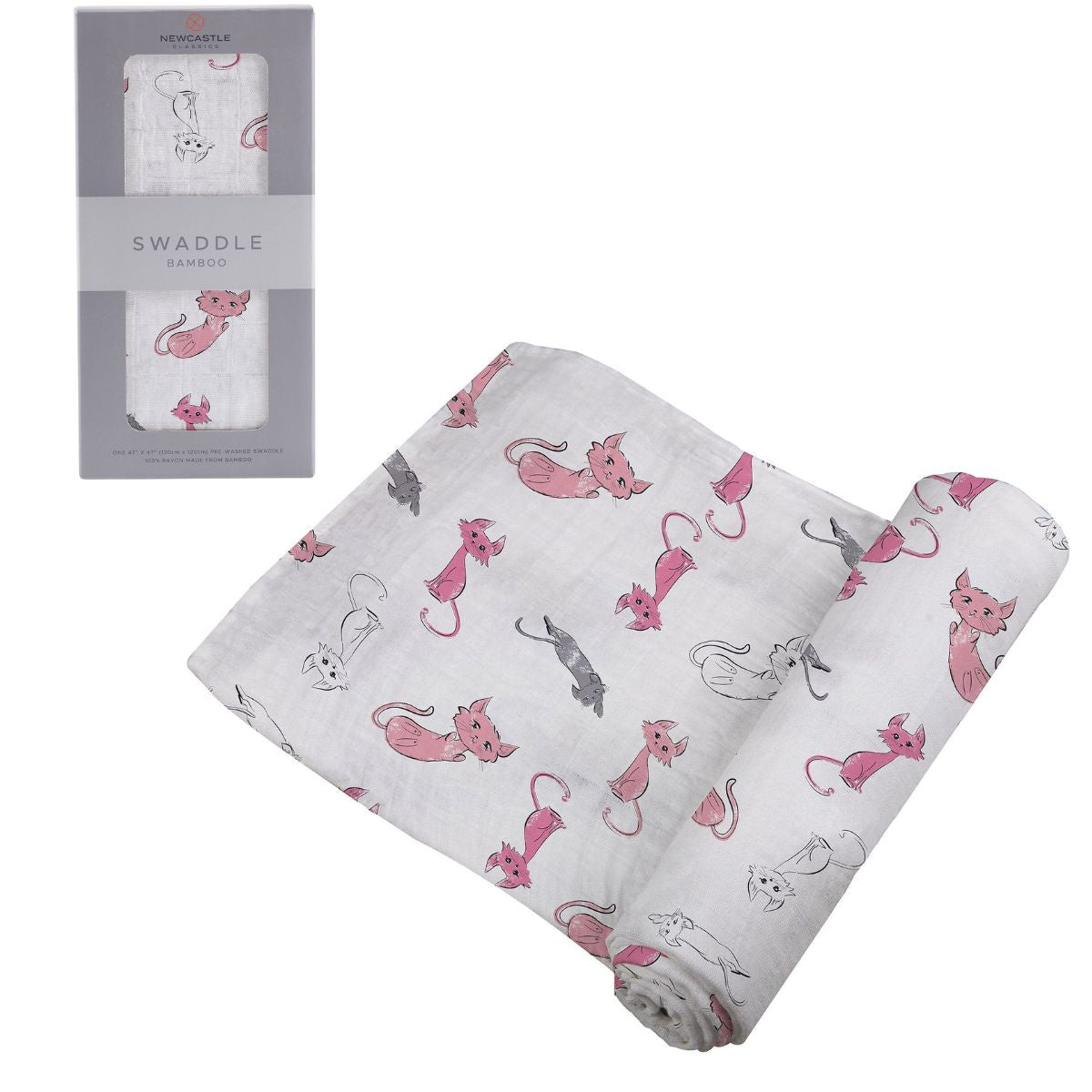 Partially unrolled Newcastle Classics Playful Kitty bamboo muslin swaddle blanket next to its grey window packaging box.