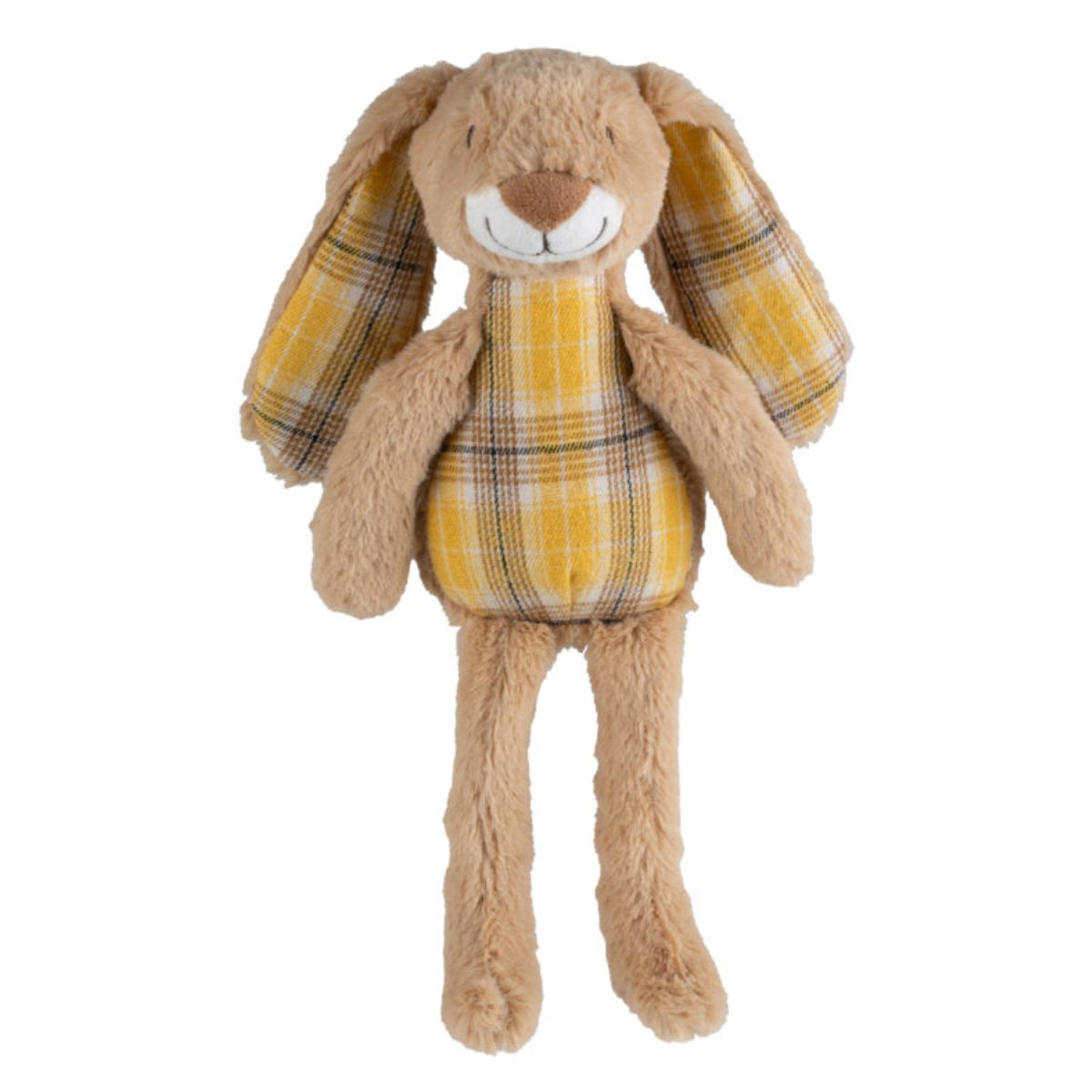 Happy Horse Rabbit Riley tan plush stuffed animal with a yellow plaid belly and ears standing against a white background.