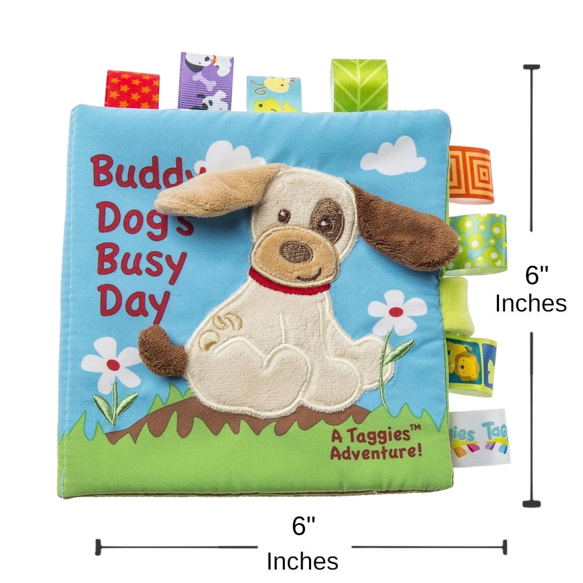 Close up of the silky loop tags and soft fabric cover of the Taggies Buddy Dog activity book.