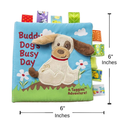 Close up of the silky loop tags and soft fabric cover of the Taggies Buddy Dog activity book.