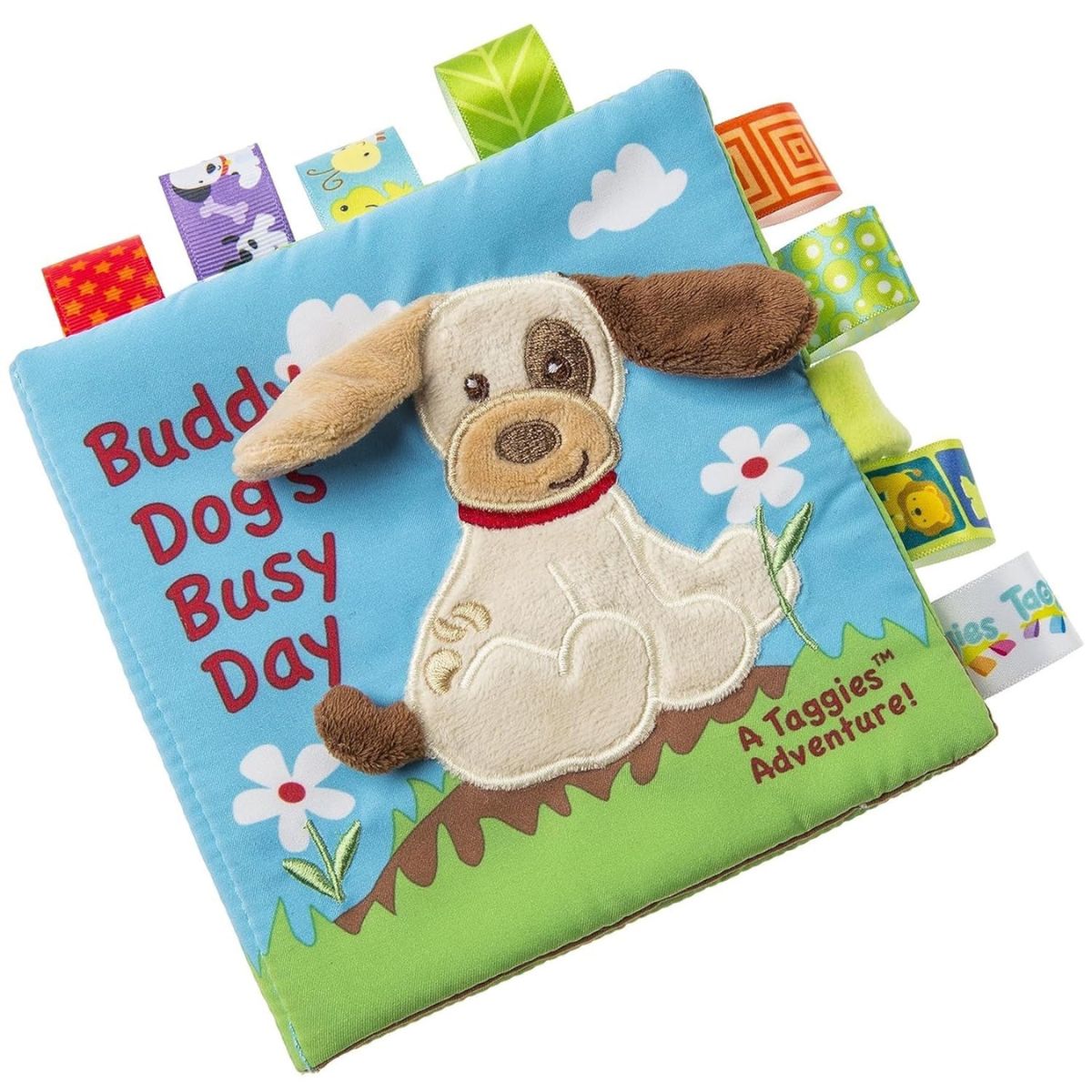 Mary Meyer Taggies Buddy Dog 6x6 inch baby soft book with colorful satin loop tags.