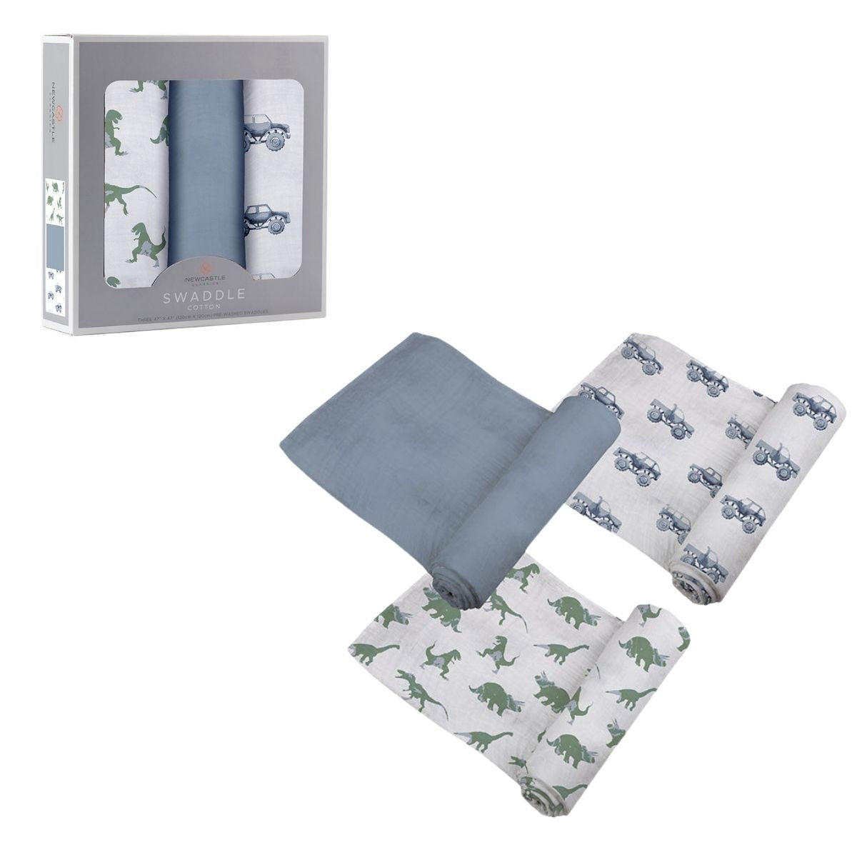 Newcastle Classics Rough Terrain 3-pack swaddle set featuring dinosaur, off-road vehicle, and solid blue designs next to the retail box.