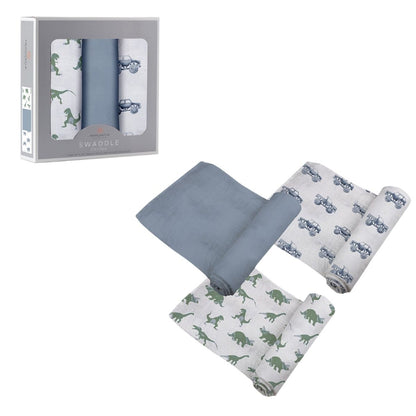 Newcastle Classics Rough Terrain 3-pack swaddle set featuring dinosaur, off-road vehicle, and solid blue designs next to the retail box.