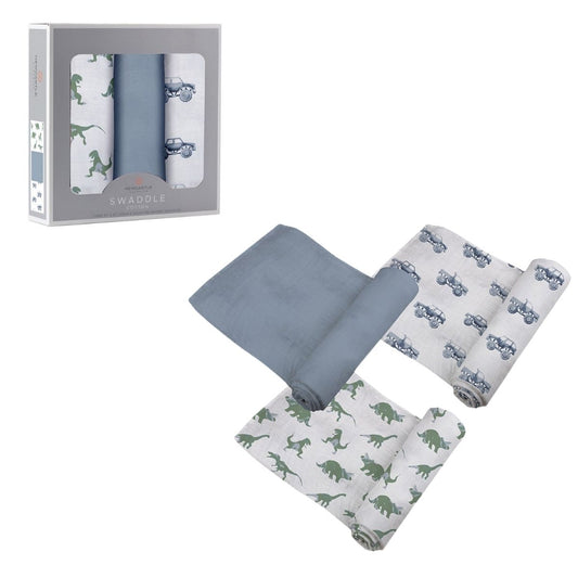 Newcastle Classics Rough Terrain 3-pack swaddle set featuring dinosaur, off-road vehicle, and solid blue designs next to the retail box.