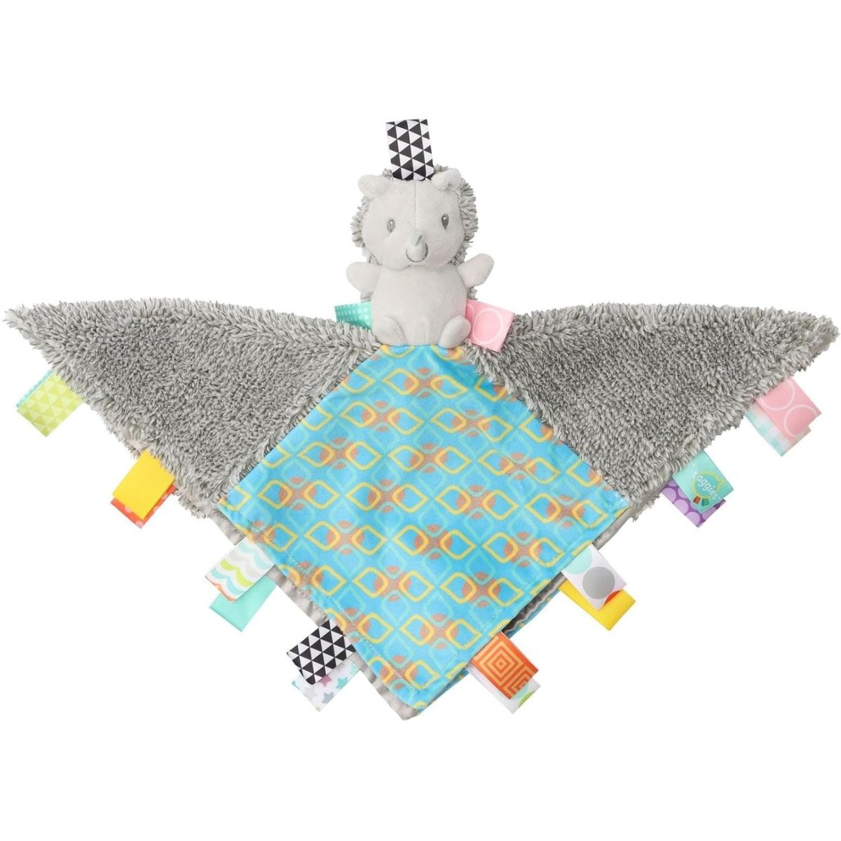 Close up of the patented silky satin loop tags on the Heather Hedgehog sensory lovey.