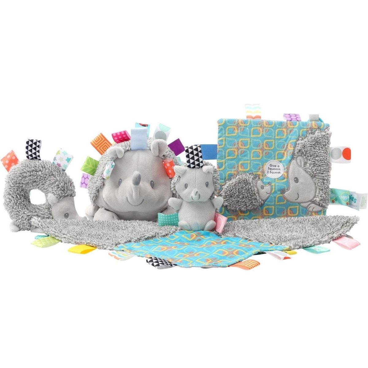 Sweet plush Heather Hedgehog character attached to the center of the Taggies security blankie.