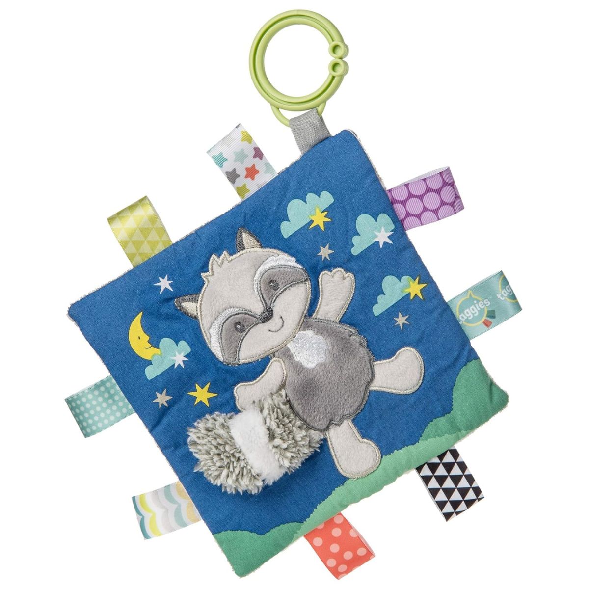 Mary Meyer Taggies Raccoon Crinkle Me 6x6 inch baby sensory toy with colorful tags.