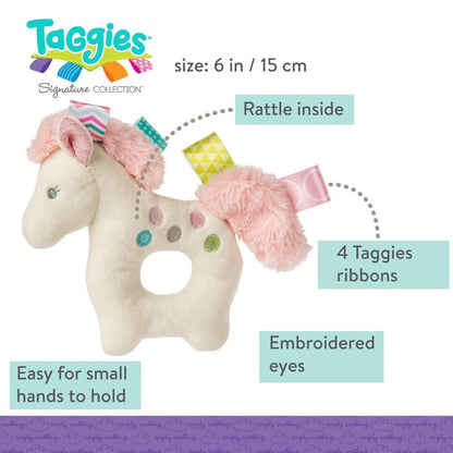 Close up of pink fluffy mane and silky satin loop tags on the Taggies Painted Pony teether toy.