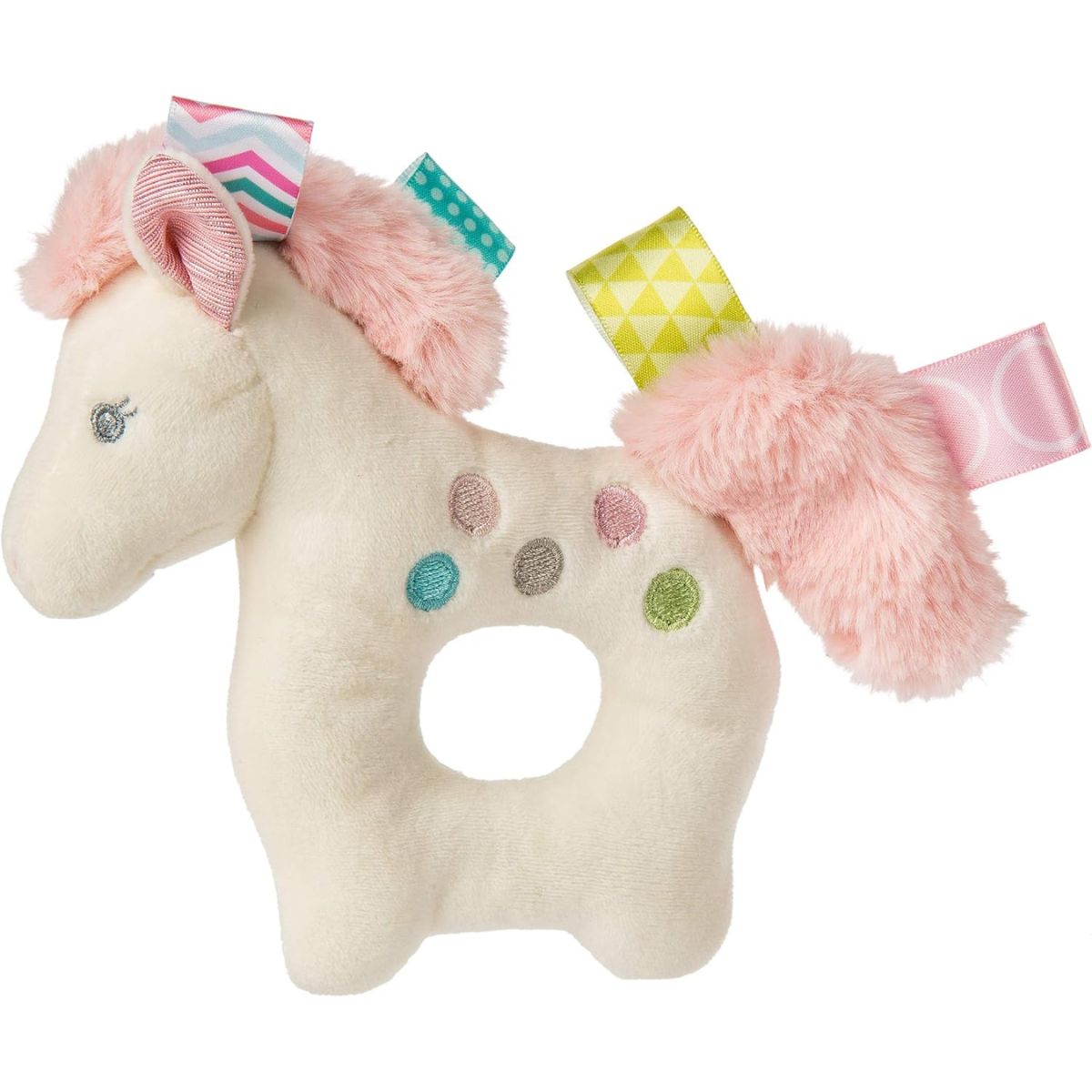 Mary Meyer Taggies Painted Pony 5-inch soft baby rattle with colorful polka dots and sensory tags.