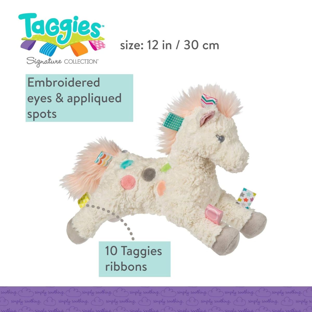 Side view of the Painted Pony plush showing the colorful satin loops and soft white fur.